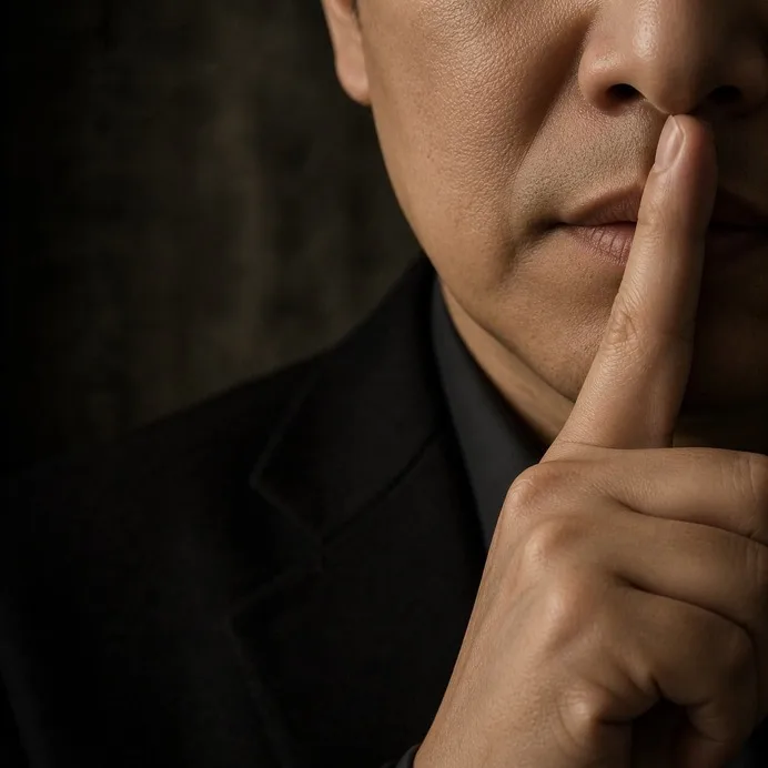 Mr. Xing's subtle hand gesture silencing the other Chinese man